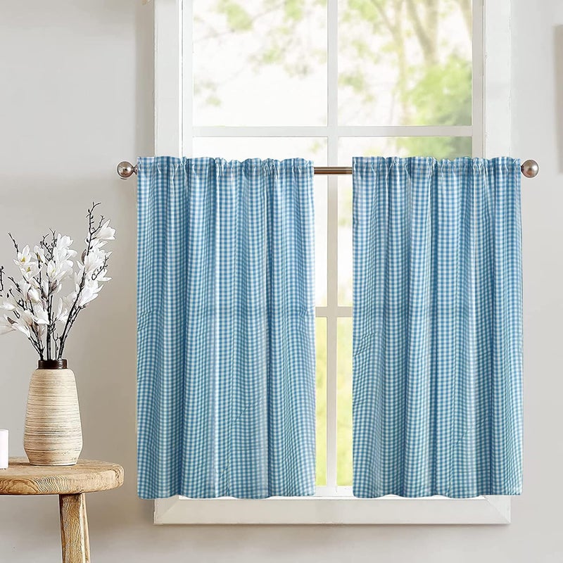 Cotton 1/8inch Gingham Checkered Print Tier Window Valance 2 Piece Set Home Décor Bedroom Nursery Kitchen Window (Turquoise)